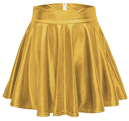 Odosalii Jupe de patineur extensible pour femme - Mini cloches - Taille haute - Métallique plissée, Fermeture éclair dorée., XL