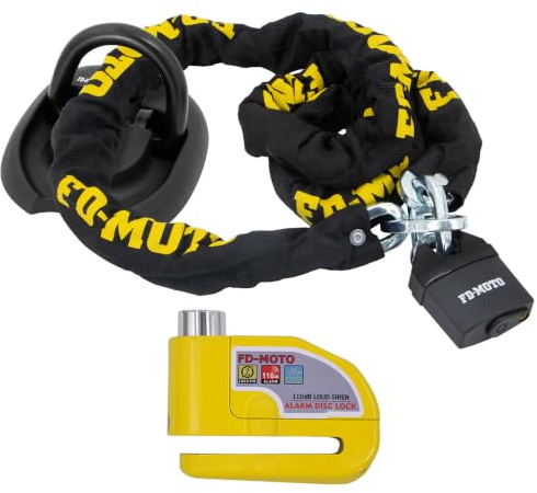 FD-Moto Chain Lock + Yellow Alarm Brake Disc Lock + Ground Anchor (4 Bolts)