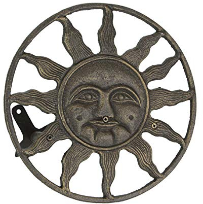 Zeckos Sun Face Garden Hose Holder, 12 Inch Diameter Bronze Cast Iron
