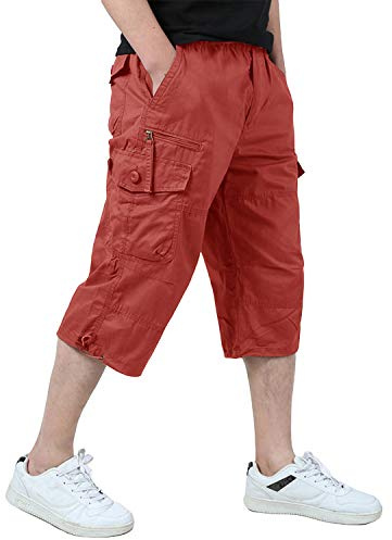KEFITEVD Pantaloni Cargo da Uomo 3/4 con Pantaloncini Cargo Elastici Estivi a Tre Quarti Capri Rosso Mattone 32