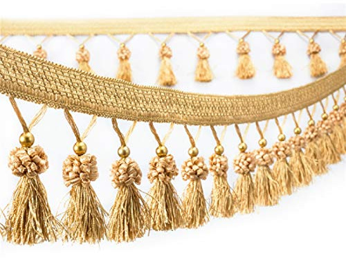 Yalulu 4 Yards Borte mit Quasten, Stoff Quaste Fransen Hängende Ball Stoffband Fransenband Kugelquaste Trimmen Quastenborte Vorhangborte Gardinen Vorhang Dekoborte (Gold)