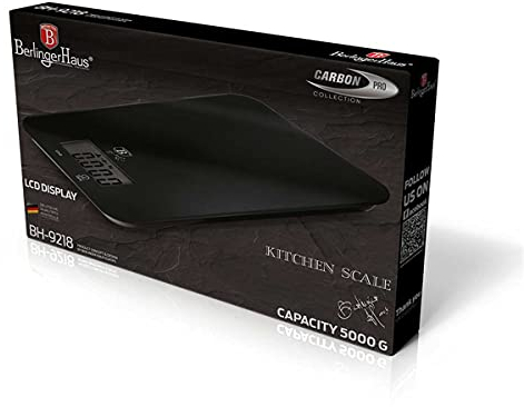 BerlingerHaus Balance de Cuisine numérique, capacité 5 kg, Carbon Pro, Précision Professionnelle, Auto Zero et Auto Off, unité de Poids: g/LB/oz/kg, Verre trempé et Plastique