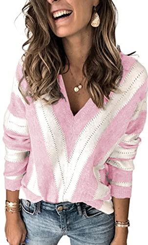 ANCAPELION Pull en grosse maille pour femme - Décontracté - Tricot - Manches longues - Bloc de couleurs - Sweatshirt élégant - Col rond - Automne - Hiver - Outwear pour les femmes, d-rose, XXL