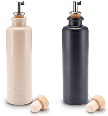Lifestyle Lover Set olio e aceto in gres porcellanato, dispenser di olio d'oliva finto, balsamico, con beccuccio e tappo in sughero naturale, 200 ml, confezione da 2 pezzi, beige e nero