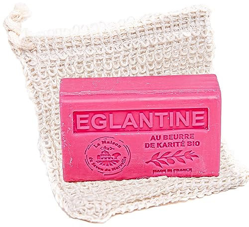 La Maison du Savon de Marseille - Exfoliating 100% Sisal Bag with Eglantine Scented Shea Butter Soap - Natural, Eco-Friendly and Moisturising for Smooth Skin- 125g Bar