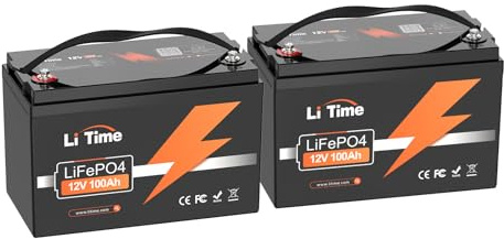 LiTime 2 Piezas Bateria Litio 12V 100Ah, hasta 15000 Ciclos y 10 Años de Vida, Batería Lifepo4 con 100A BMS, Baterias Solares para Caravana Energía Respaldo Aplicación Fuera Red Barco Motor Arrastre