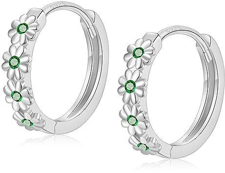 Sterling Silver Hoop Earrings for Women, Dainty Small Huggie Hoop Earrings | Hypoallergenic Daisy Green Cubic Zirconia Flower Hoops Earring Jewellery Gifts for Ladies Girls Birthday Wedding, 12mm Hoop