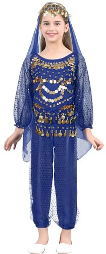 MSemis Mädchen Paillette Bauchtanz Kostüme Kinder Bauchtanz Tanz Tuch Bauchtanz Tänzer Outfit Sets Prinzessin Karneval Cosplay Faschingskostüm Königsblau 128-134