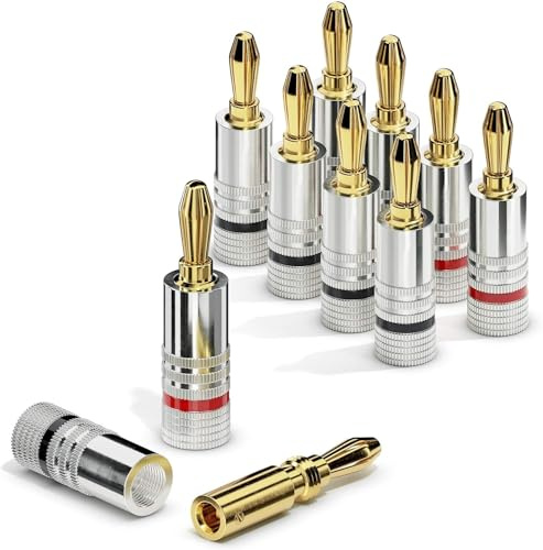 ETEC Bananenstecker, passend für Lautsprecherkabel bis 6mm² Querschnitt, gerade Stecker mit Farbcodierung (4x rot, 4x schwarz), 8er-Set, 24k vergoldet