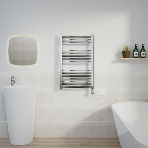Warmehaus Electric Heated Towel Rail Curved Chrome Thermostatic Bathroom Towel Radiator with Timer - 800x500mm