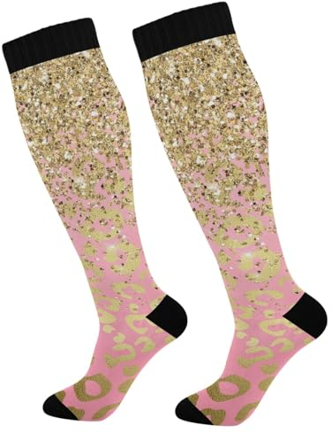 ZRWLUCKY Golden Glitter Pink Leopard Damen Kniestrümpfe Kompressionsstrümpfe Lange Sportsocken für Laufen Sport, Golden Glitter Pink Leopard, Einheitsgröße