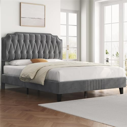 Yaheetech 4ft6 Double Upholstered Bed Frame with Adjustable Button Tufted Headboard/Velvet Fabric/Sturdy Wooden Slat Support/No Box Spring Needed, Dark Grey