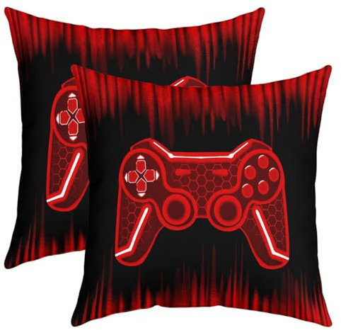 Loussiesd Gamer Throw Pillow Covers 16x16 Inch Set of 2 Soft Kids Game Controller Decorative Throw Pillowcases for Boys Red Black Pillow Cases Cushion Covers Gaming Cushion Cases