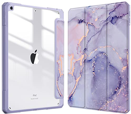 Fintie Custodia ibrida sottile per iPad 9a/8a/7a generazione (2021/2020/2019) da 10,2 pollici, custodia antiurto con guscio posteriore trasparente, marmo lilla