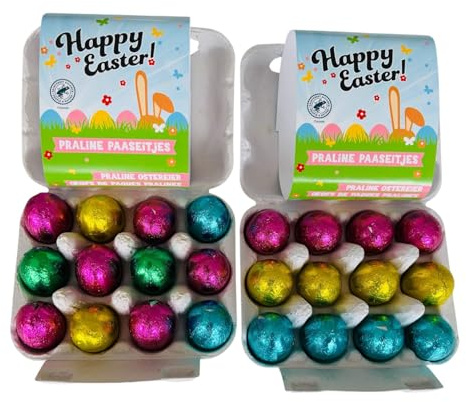 OYOY | 2x 12 Gefüllte Ostereier Milchschokolade in Mini Eierbox 142g | Haselnuss Praline & Knusper Cerealien | Oster Süßigkeiten Geschenkset | Ostergeschenke Kinder