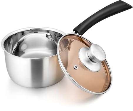 Joyfair 14cm Saucepan, 18/10 Stainless Steel Saucepan with Glass Lid, Gas/Electric/Ceramic/Halogen Safe Small Milk Pan for Kitchen Cooking Boiling Stewing, Heatproof Handle & Easy to Clean