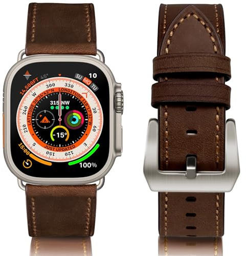 WestEagle Läderarmband, kompatibelt med Apple Watch à 49/45/44/42 mm, för män och kvinnor, äkta läder, vintagearmband för iWatch Series Ultra SE 9/8/7/6/5/4/3/2/1, mörkbrun/titan