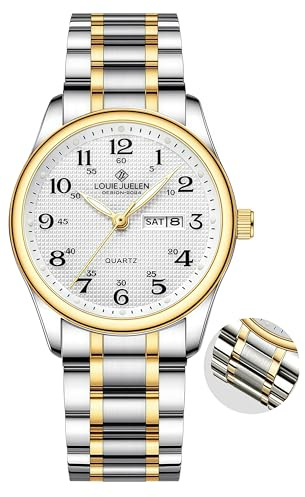 Gosasa Easy-to-Read Quartz Watch for Seniors, Large Numerals, Calendar, 30m Water Resistance, Luminous,Women's Men's Stainless Steel Wrist Watch (Two-Tone, Women)