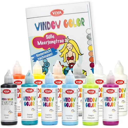LM-Kreativ Window Color Set Süße Meerjungfrau – Tauche ein in eine Welt voller Farben mit 11 x 80ml Farben & 1 x 80ml Konturfarbe auf Wasserbasis, Vorlagenheft mit 35 Meerjungfrau-Motiven