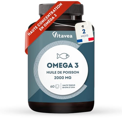 Omega 3 Huile de Poissons Sauvages 2 000mg - Haute concentration en EPA (1 000mg) et DHA (500mg) - Soutien des fonctions cognitives et visuelles - Fabriqué en France - Vitavea