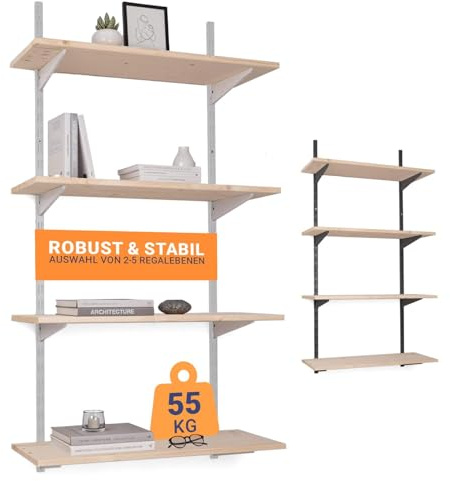 BOOMET Wandregal Metall mit Boden · Regal in 50 Varianten · Höhe: 100 cm · 3 Ebenen in 80 x 30 cm (B x T) · Farbe: weiß · Wandschienen Regalsystem · Regalträger Schienensystem