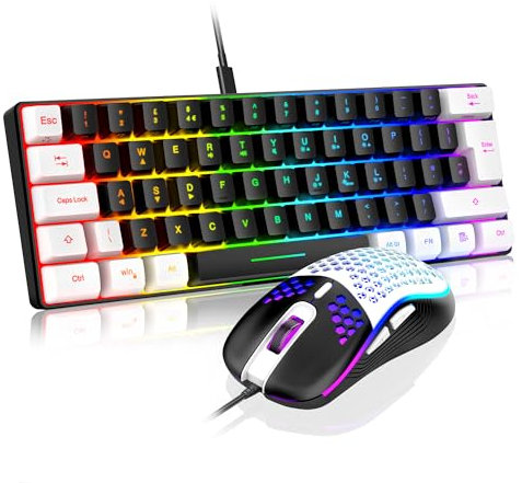 RedThunder 60% RGB Gaming Keyboard and Mouse Combo,UK Layout Ultra Compact Backlit Mini Keyboard, Lightweight 7200 DPI Cellular Optical Mouse, Portable Wired Gaming Set for PC PS5 Gamers (Black-White)