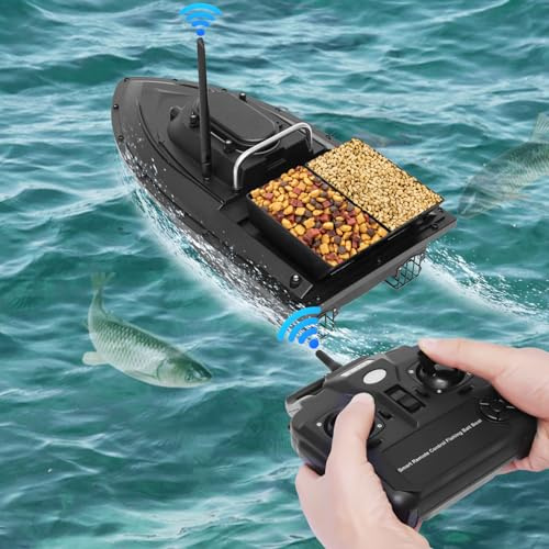 KAUITOPU Foderbåt, 5 200 mA litiumbatteri, stor kapacitet fiskedrag båt med antenn, 2 oberoende betesboxar, 500 meter fjärrkontroll, fiske betesbåt