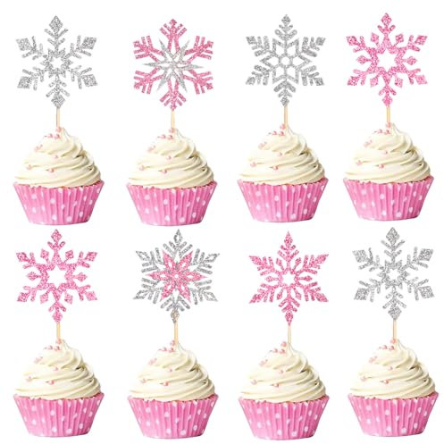 Wolpark Cupcake-Aufsätze mit Schneeflocken-Motiv, 24 Stück, rosa und silberfarben, glitzernd, Winter-Wunderland, Kuchendekorationen, Eiskönigin-Thema, Cupcake-Picks, Winter, Geburtstag, Neujahr,