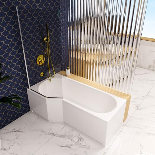 ECOLAM Badewanne Duschbadewanne Be Spot 160x80 cm links + Glasabtrennung Schürze | Set Acrylwanne + Glas Badewannenabtrennung Top QUALITÄT | Ablaufgarnitur Füße Komplett-Set Design
