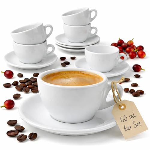 MUVELL Set 6 Tazzine da Caffè Espresso 60 ml con Piattini in Porcellana Bianca Stile Italiano Spesse e Resistenti Lavabili in Lavastoviglie Idea Regalo