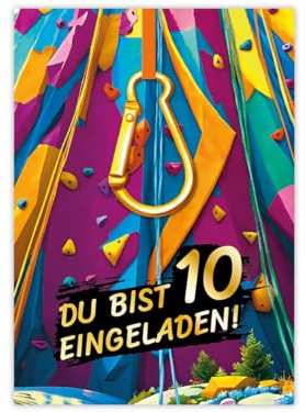 JuNa-Experten 12 Einladungskarten zum 10. Kindergeburtstag Jungen Mädchen Klettern Kletterpark coole bunte Einladungen zehnte Geburtstag