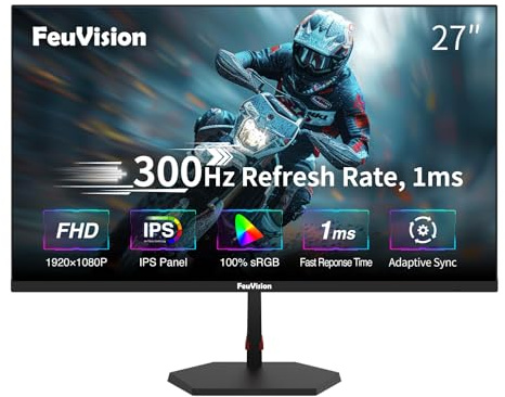 FeuVision 27 Zoll Gaming Monitor, 300Hz 240Hz, FHD 1080p, PC Monitor, 1ms, IPS Panel, Adaptive-Sync, FreeSync, VESA montierbar, Eye-Care, 100% sRGB, Rahmenlos Bildschirm, HDMI*2, DP*2