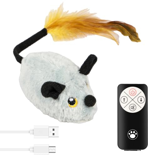 Katzenspielzeug Elektrisch Spielmaus mit Federschwanz Katzenspielzeug Maus Elektrisch mit LED Licht USB Realistische Mausgeräusche Interaktive Spielzeug Maus für Katze Hunde (Grau + Fernbedienung)