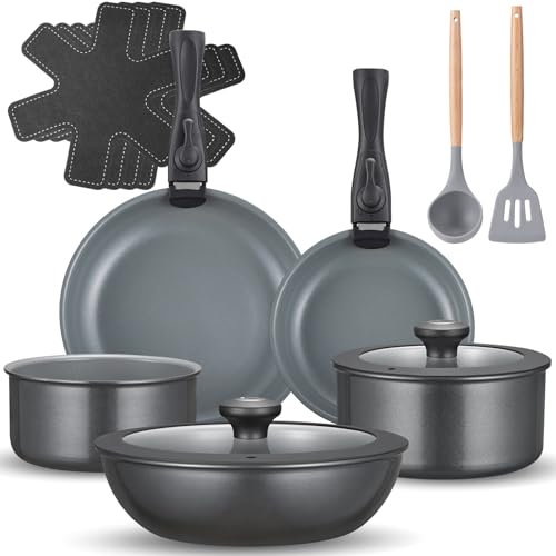 BEZIA Set di pentole a induzione, 17 pezzi, in ceramica, con manici rimovibili, per tutti i piani cottura, design impilabile, lavabile in lavastoviglie e forno