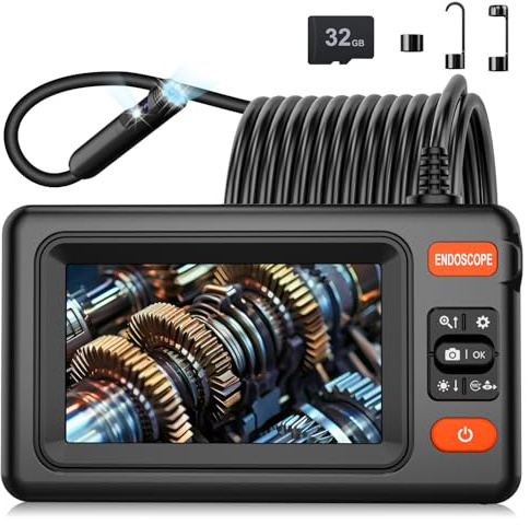 Dual Lens Endoscope Camera with Light, 1920P HD Borescope Camera with 4.3 LCD, 8 Adjustable LEDs, 16.4FT Semi-Rigid Cable & 32GB Card-IP67 Waterproof Inspection Borescope for Sewer/Drain/Pipe(Black)