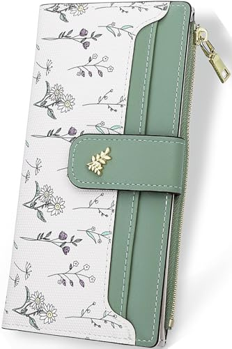 Farcauo Portemonnaie Damen Geldbörsen Frauen Geldbeutel Mittel Groß Damen Geldbörse mit Grün Blumen Design für Frauen Portmonee mit Ausweisfach und Kartenhüllen