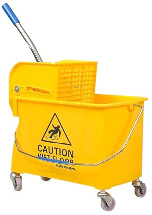 Reldor 20L Mop Bucket with Wringer, Cleaning Trolley with Metal Handle & Mop Holder, Heavy Duty Plastic Mop Bucket, Floor Cleaning Cart for Household and Commercial Use, Yellow