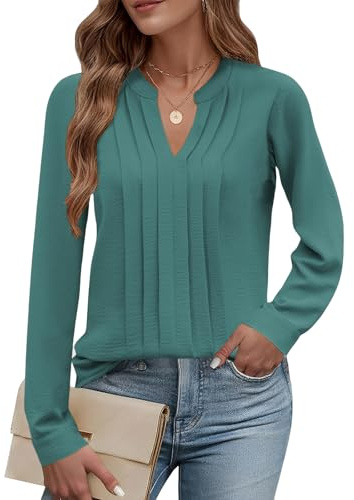 Cuptacc Camicia Donna Maniche Lunga Henley Maglietta Donna Elegante con Plissettata Camicette Tunica Blu Verde, Medium M 38-40