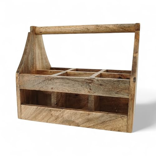 DARO DEKO Holz Flaschenhalter mit Griff für 6 Flaschen 20 x 30cm Flaschen-Träger Männerhandtasche Bierträger