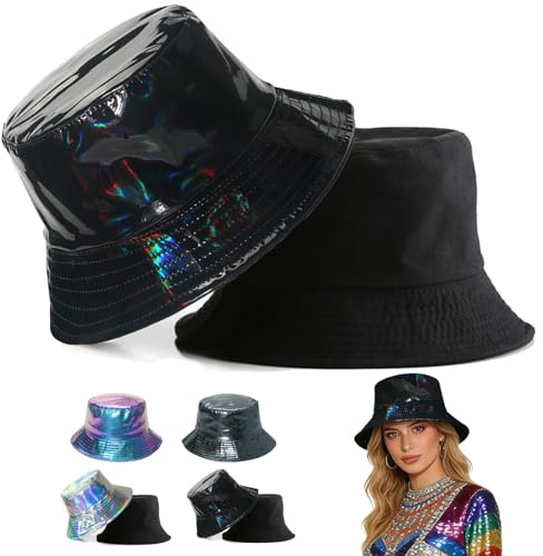 CWENDANER Chapeau Seau étanche en métal, Chapeau de Pluie holographique Hip hop pour l'extérieur et la pêche, Style Punk rétro, Noir, 55-58