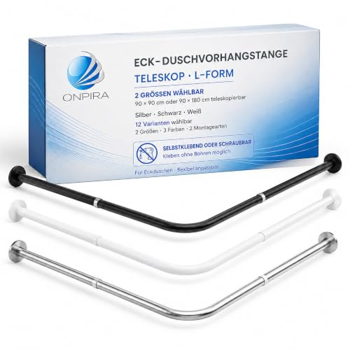 Onpira® Eck-Duschvorhangstange Teleskop L-Form 90–180 cm – Edelstahl, selbstklebend oder schraubbar – Ohne Bohren – In Silber, Schwarz, Weiß – 12 Varianten wählbar (Schraubversion Schwarz, 90x180cm)