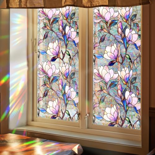Yeysynana Pellicola decorativa per finestre macchiate con fiori di magnolia viola, adesivi statici in vetro per casa, ufficio, soggiorno, camera da letto, decorazione per porte e finestre, 42 x 90 cm