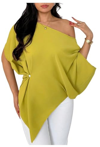 SHENHE Women's Off Shoulder Dolman Sleeve Blouses Casual Asymmetrical Hem Loose Flowy Tops Green Medium
