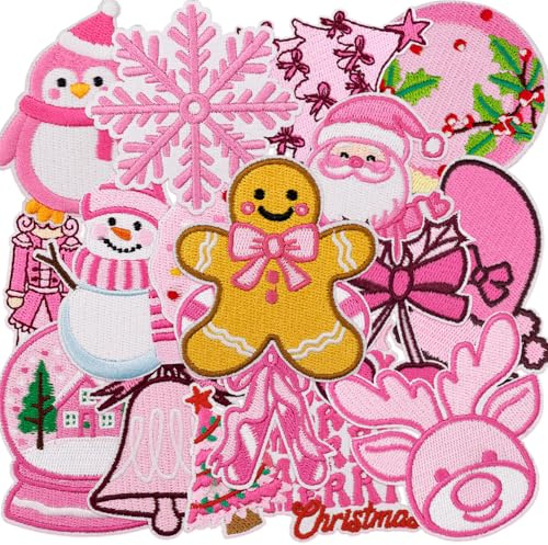 16 rosa Weihnachts-Bügelbilder, trendige, einzigartige Designs, niedliche bestickte Urlaubsapplikationen für Kleidung, Jacken, Trucker, Hüte, Rucksack, Jeans, Taschen, festliche Weihnachten