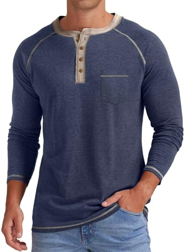 JMIERR Mens Henley T Shirt Long Sleeve Tops Casual Pullover,Blue,L