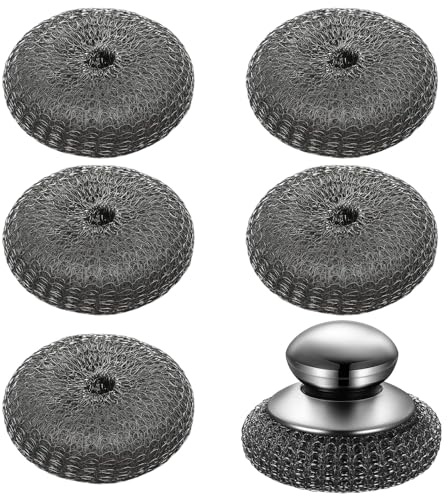 6 PCS Stainless Steel Scourer, 10x7cm Heavy Duty Metal Scrubber with 5 Replacement Balls, Deep Gray Metal Scourers for Kitchen Pots Pans Sink Grills Cleaning, Rust-Resistant Scourers Set