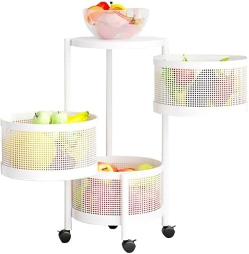 GarveeHome Desserte De Service en Ronde à roulettes, Panier De Fruits Et Légumes pour Cuisine Chambre Salon Bain,Chariot De Rangement Métallique 3 Étagères - roulettes Freinées pour Cuisine-Blanc