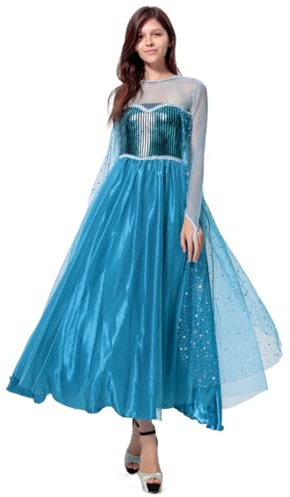 FStory&Winyee Elsanala Prinzessinn Kleid mit Umhang für Erwachsene Damen Pailletten Kostüm Fancy Dress up Set für Verkleidung Cosplay Rollenspiele Geschenk Mottoparty Karneval Halloween, Blau, M