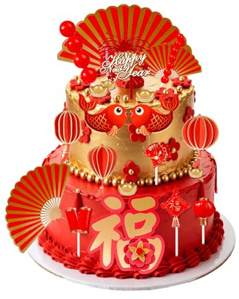 Glavatrix Chinese New Year Cake Topper 22 Pcs - Asian Lunar New Year Decorations with Lantern, Fan, Fish & Fireworks for Birthday, Wedding, Party