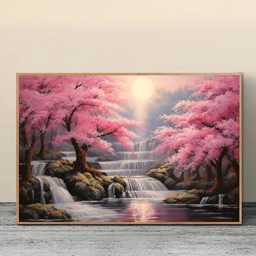 BMGKYAGL Lienzo con impresión de cascada de cerezos en flor, paisaje, árbol de Sakura, póster, arte de pared para sala de estar, decoración del hogar (60 x 80 cm/sin marco)